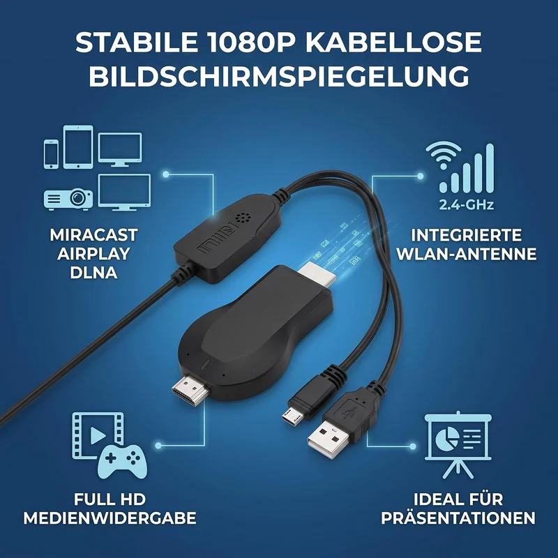 Drahtloser WiFi Display Dongle, Wireless HDMI Adapter Dongle 2,4 GHz Drahtloser Display-Adapter 1080
