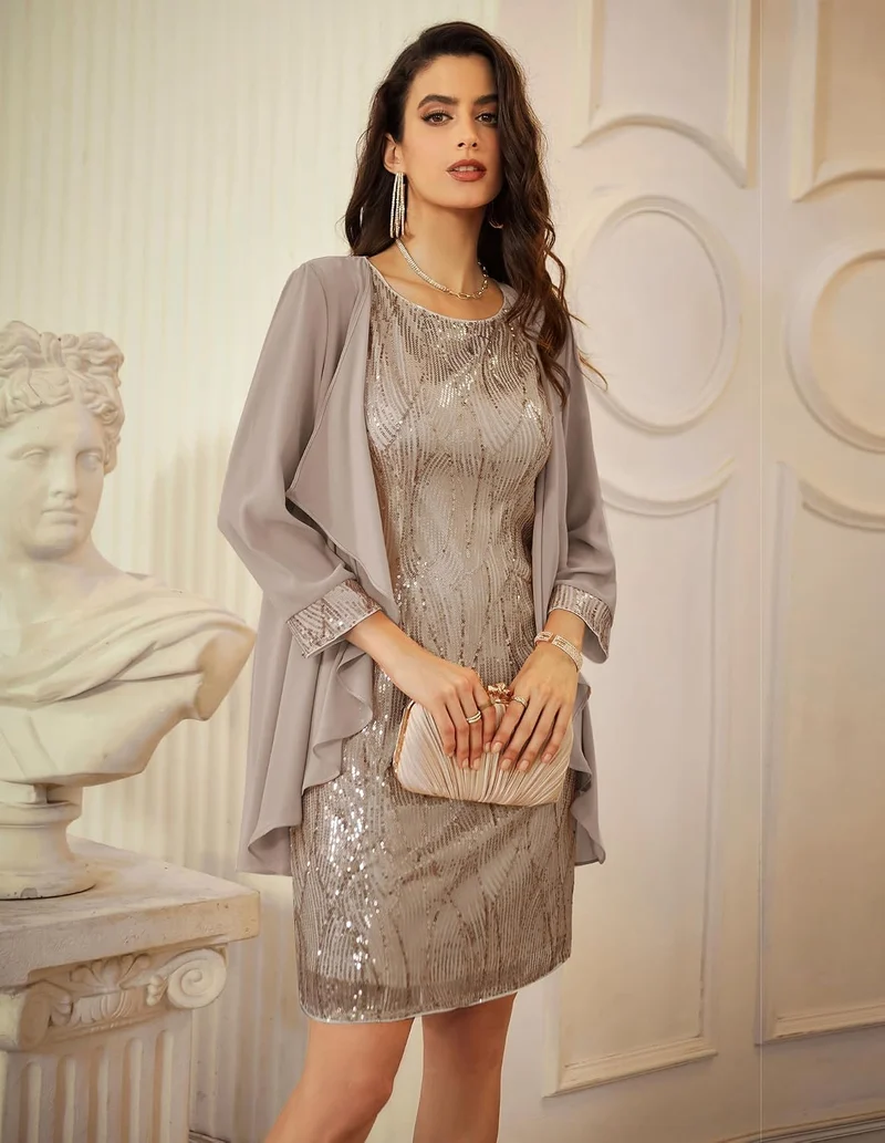 GRACE KARIN Damen Ärmelloses Rundhals Pailletten Cami Kleid Elegant Zweiteiler Tüll Cardigan Abendkl