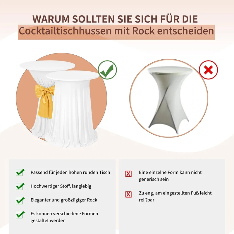 4er-Set Weiss Stehtisch Hussen Stretch mit Rock, 80 x 110 cm,schmutzabweisend, knitterfrei, waschbar