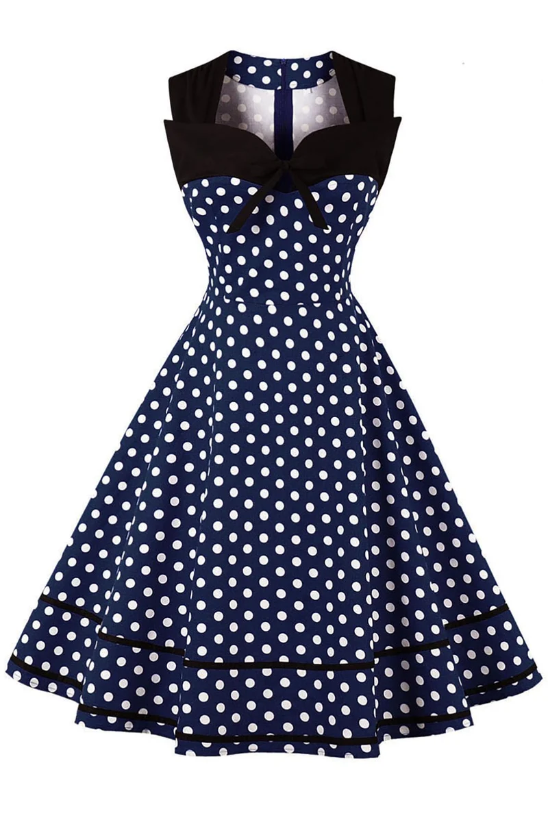 AXOE Damen 60er Jahre Polka Dot Vintage Rockabilly Kleid Abendkleider Navy L, Navy L