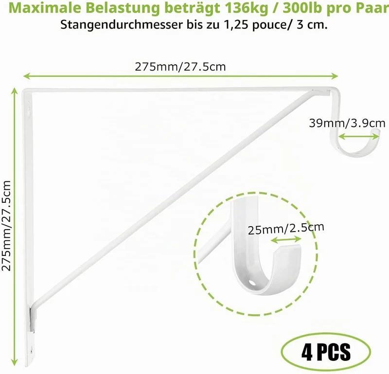 ASelected 4 Stück - 275MM Regalhalterung Weiss Schwerlast, Metallwinkel 90 Grad Wandwinkel Haken, Tr