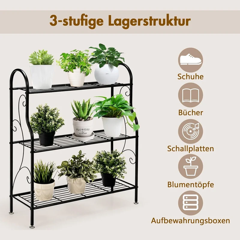 GOPLUS 3 Ebenen Metall Pflanzenständer, Blumentreppe Outdoor, Blumenregal Pflanzentreppe für Garten