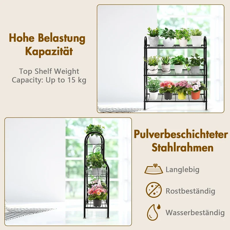 GOPLUS 3 Ebenen Metall Pflanzenständer, Blumentreppe Outdoor, Blumenregal Pflanzentreppe für Garten