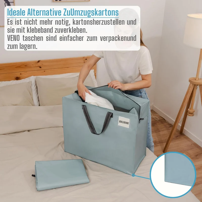 VENO 84 Liter Extra Gross Aufbewahrungstasche mit starke Griffe und Reissverschlüssen für Umzug, Auf