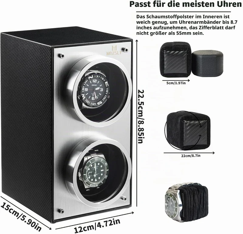 MOZSLY Doppel Uhrenbeweger für Automatik Uhren mit leisem Motor Klavierlack Schwarz, Schwarz
