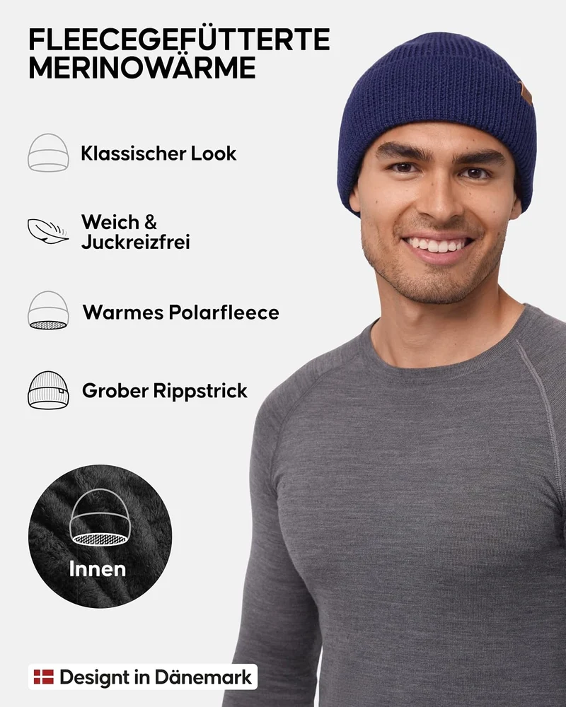 DANISH ENDURANCE Merinowolle Mütze mit Fleece, Warme Wintermütze, Stretchy & Bequem, Unisex, Beanie