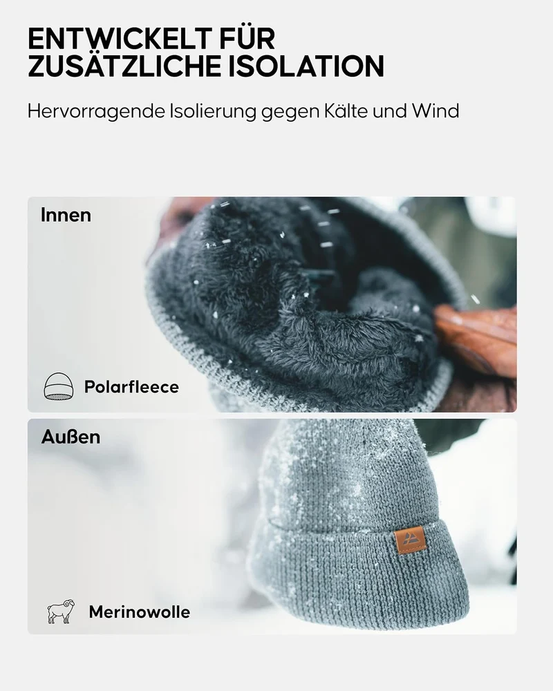 DANISH ENDURANCE Merinowolle Mütze mit Fleece, Warme Wintermütze, Stretchy & Bequem, Unisex, Beanie