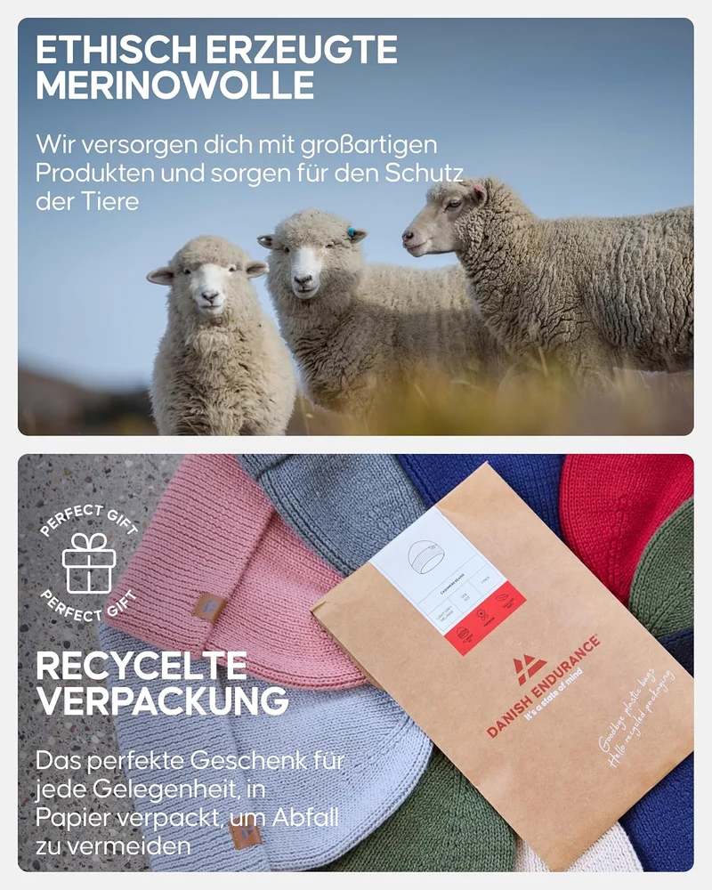 DANISH ENDURANCE Merinowolle Mütze mit Fleece, Warme Wintermütze, Stretchy & Bequem, Unisex, Beanie
