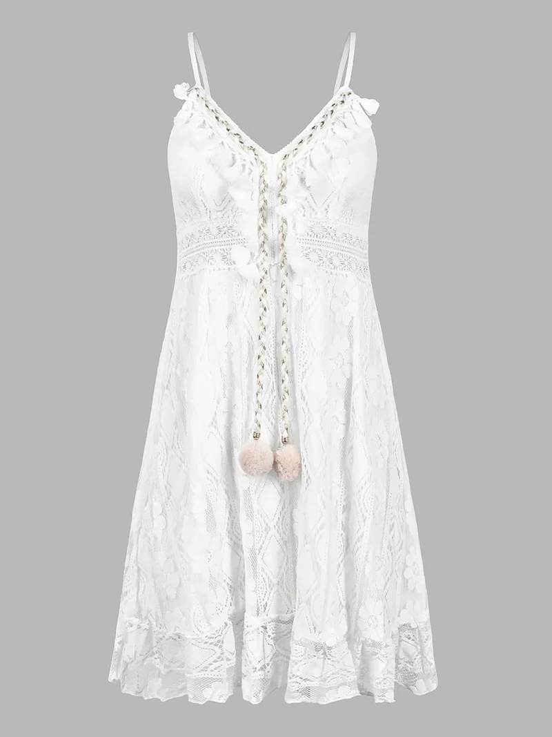 CUPSHE Damen Sommerkleid V Ausschnitt Floral Spitze Quasten Spaghetti Trägerkleid Freizeitkleider Bo