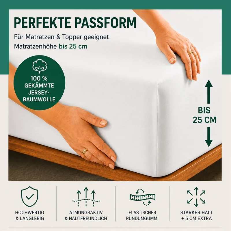 VelvetHome Spannbettlaken 90x200cm 100% gekämmte Baumwolle Made in EU Jersey Bettlaken 90x200 bis 25