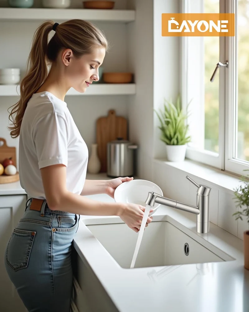 DAYONE Niederdruck Wasserhahn Küche, Niederdruck Küchenarmatur mit Ausziehbarer Brause, 3 Anschlüsse