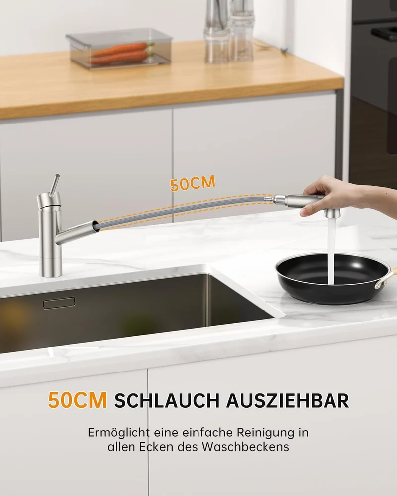 DAYONE Niederdruck Wasserhahn Küche, Niederdruck Küchenarmatur mit Ausziehbarer Brause, 3 Anschlüsse