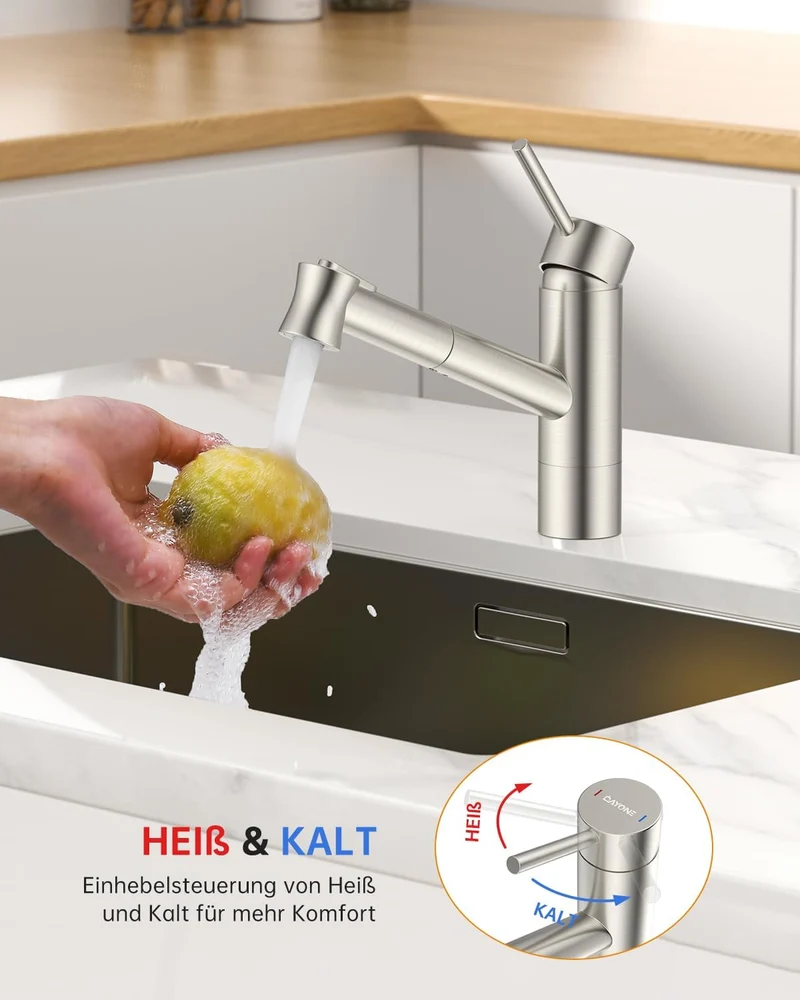 DAYONE Niederdruck Wasserhahn Küche, Niederdruck Küchenarmatur mit Ausziehbarer Brause, 3 Anschlüsse