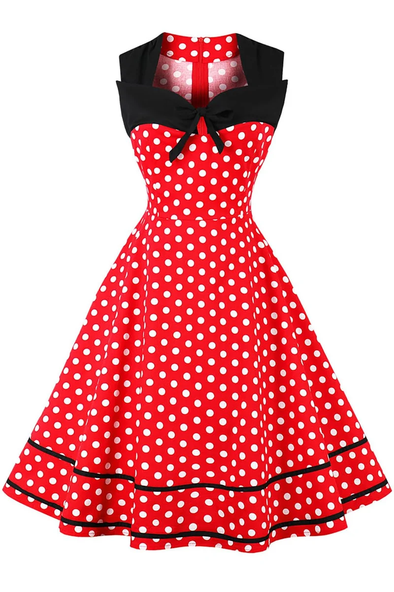 AXOE Damen 60er Jahre Polka Dot Vintage Rockabilly Kleid Abendkleider Rot M, Rot M
