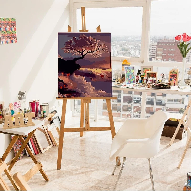 Artnapi Malen nach Zahlen Erwachsene mit Rahmen | DIY Handgemalt | Sakura auf Felsen | Kit für Anfän