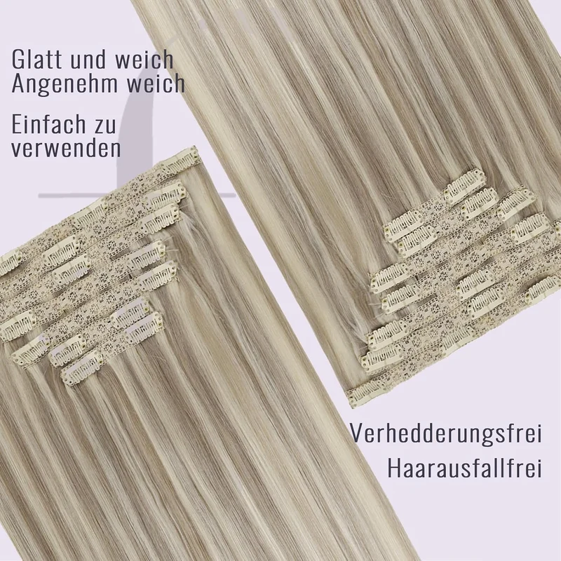 Fshine Echthaar Extensions Clip 35cm 120g Aschblondes Highlight mit Bleichblond Clip in Extensions E