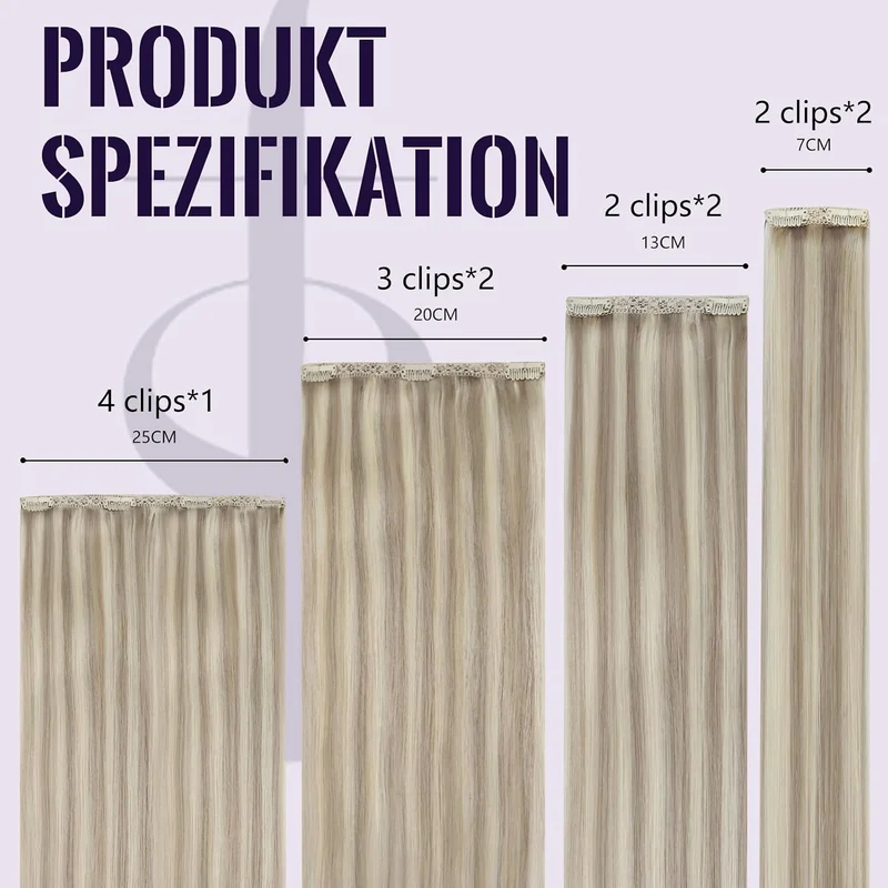Fshine Echthaar Extensions Clip 35cm 120g Aschblondes Highlight mit Bleichblond Clip in Extensions E