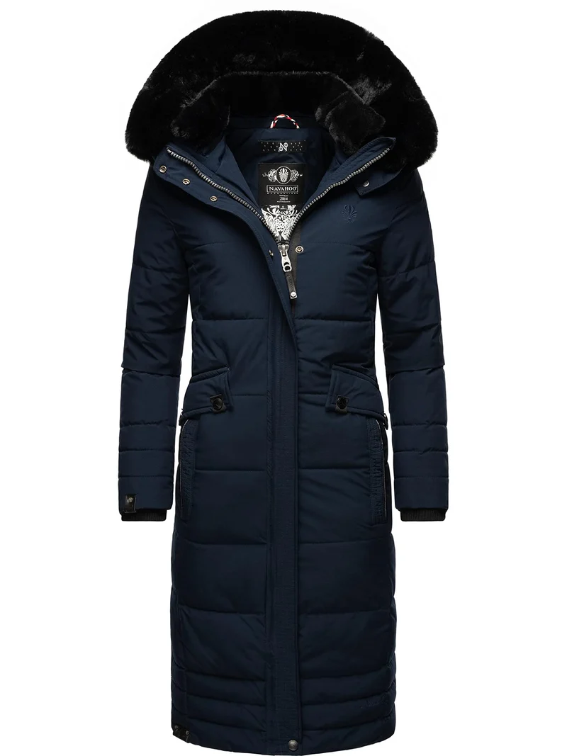 Navahoo Damen Wintermantel Warmer Steppmantel lang mit Abnehmbarer Kapuze Fahmiyaa XS-3XL XXL Navy,