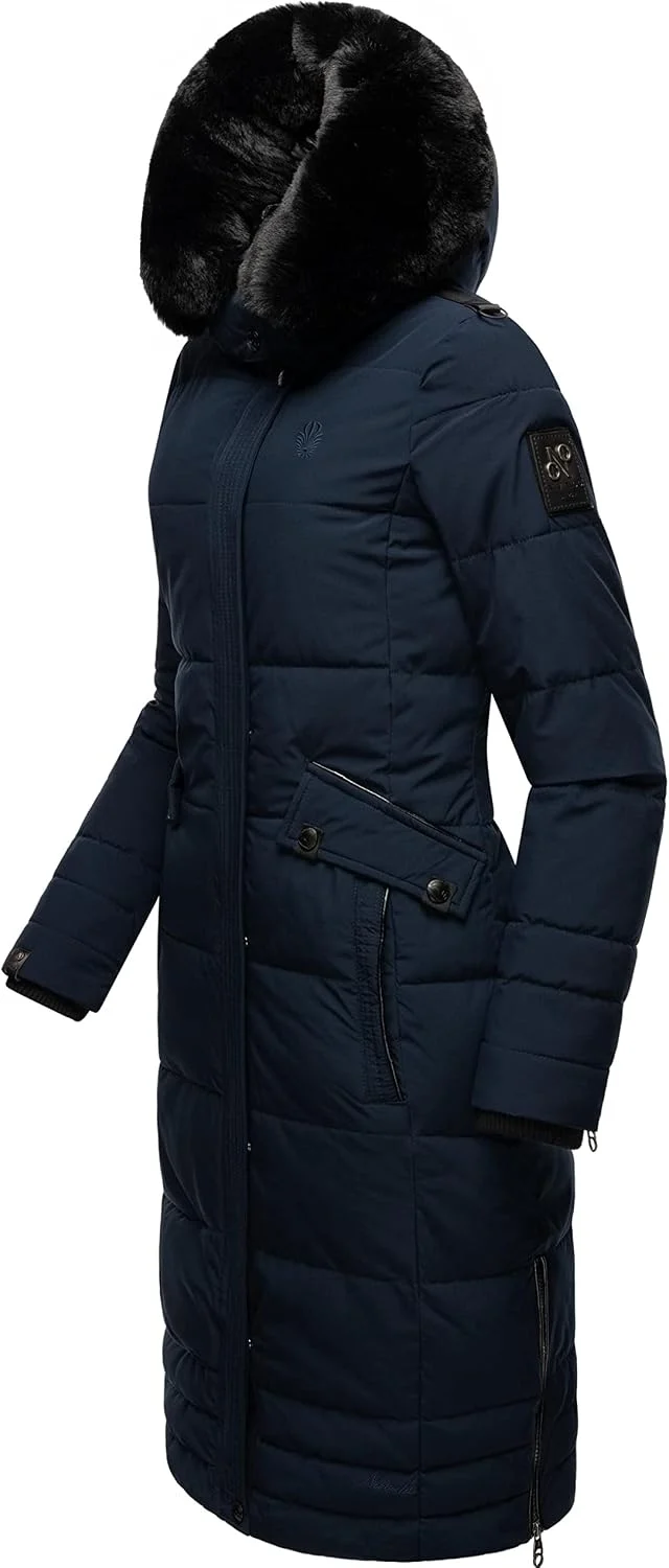 Navahoo Damen Wintermantel Warmer Steppmantel lang mit Abnehmbarer Kapuze Fahmiyaa XS-3XL XXL Navy,