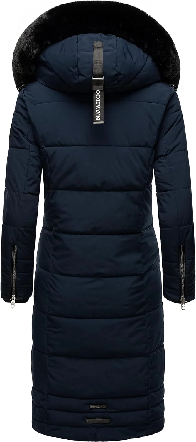 Navahoo Damen Wintermantel Warmer Steppmantel lang mit Abnehmbarer Kapuze Fahmiyaa XS-3XL XXL Navy,