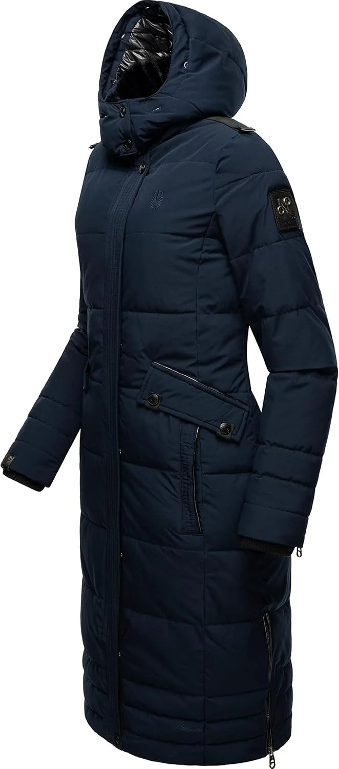 Navahoo Damen Wintermantel Warmer Steppmantel lang mit Abnehmbarer Kapuze Fahmiyaa XS-3XL XXL Navy,