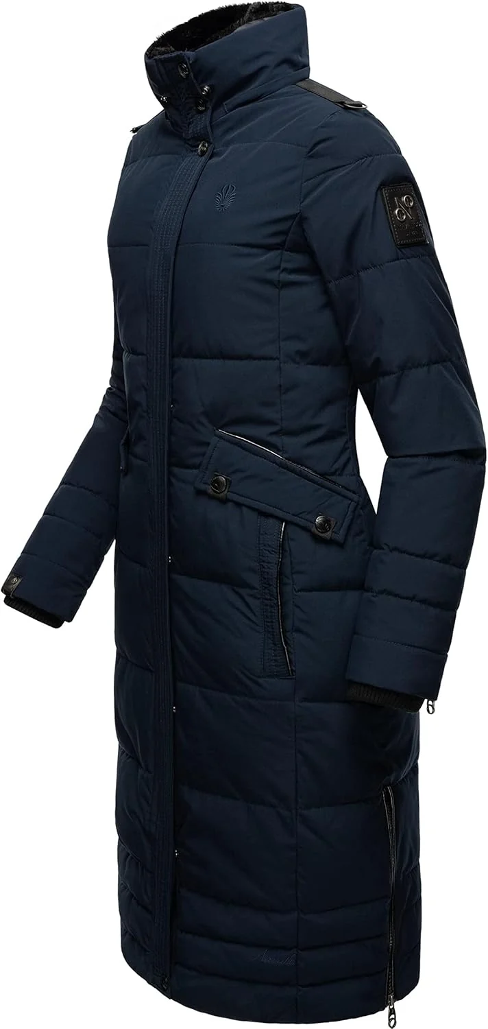 Navahoo Damen Wintermantel Warmer Steppmantel lang mit Abnehmbarer Kapuze Fahmiyaa XS-3XL XXL Navy,