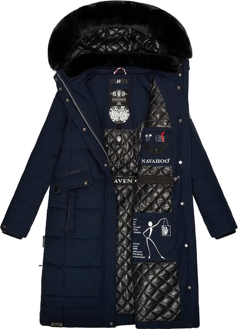 Navahoo Damen Wintermantel Warmer Steppmantel lang mit Abnehmbarer Kapuze Fahmiyaa XS-3XL XXL Navy,