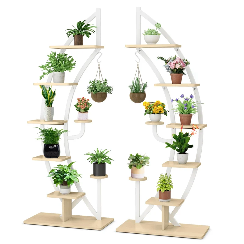 GOPLUS 6-stöckiger Blumenständer Metall, halbmondförmiger Pflanzenständer mit Ablagen & Haken, Pflan
