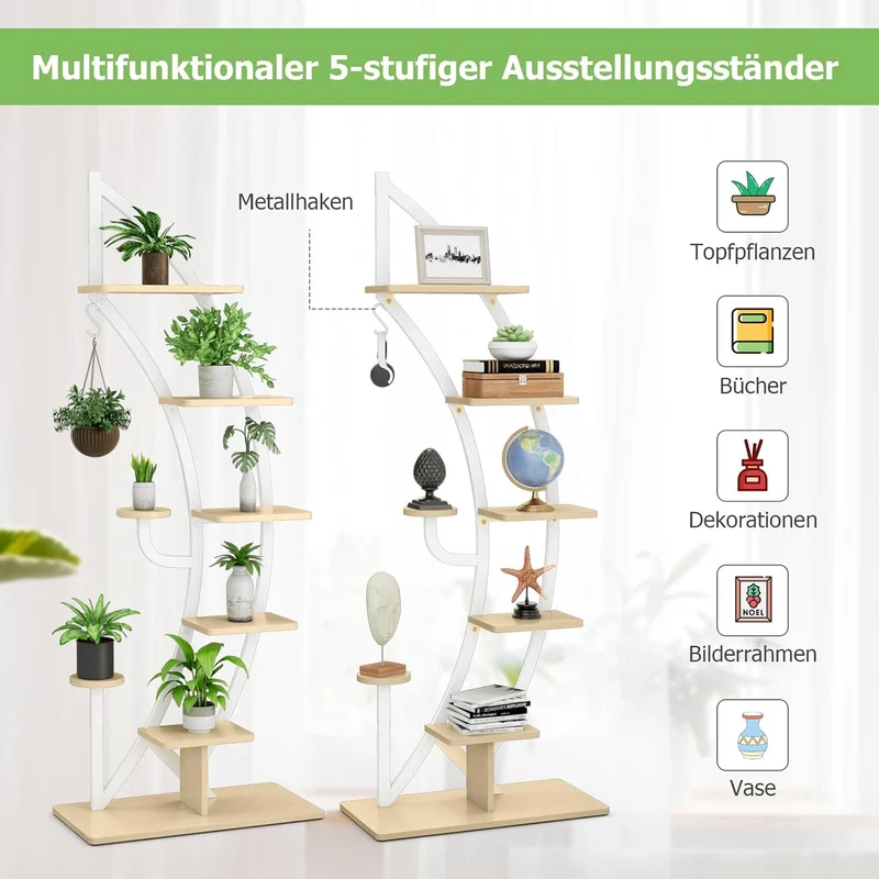 GOPLUS 6-stöckiger Blumenständer Metall, halbmondförmiger Pflanzenständer mit Ablagen & Haken, Pflan