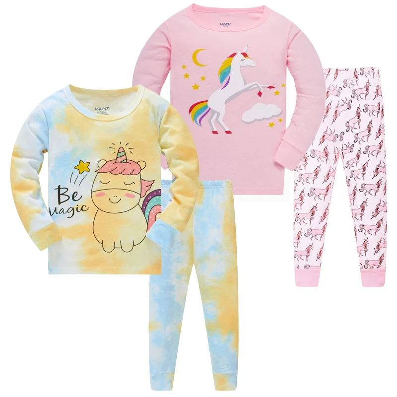 Mädchen Pyjamas 100% Baumwolle Schlafanzug für Kinder Schlafkleidung Langarm 4 Stück Set 1-12 Jahre,