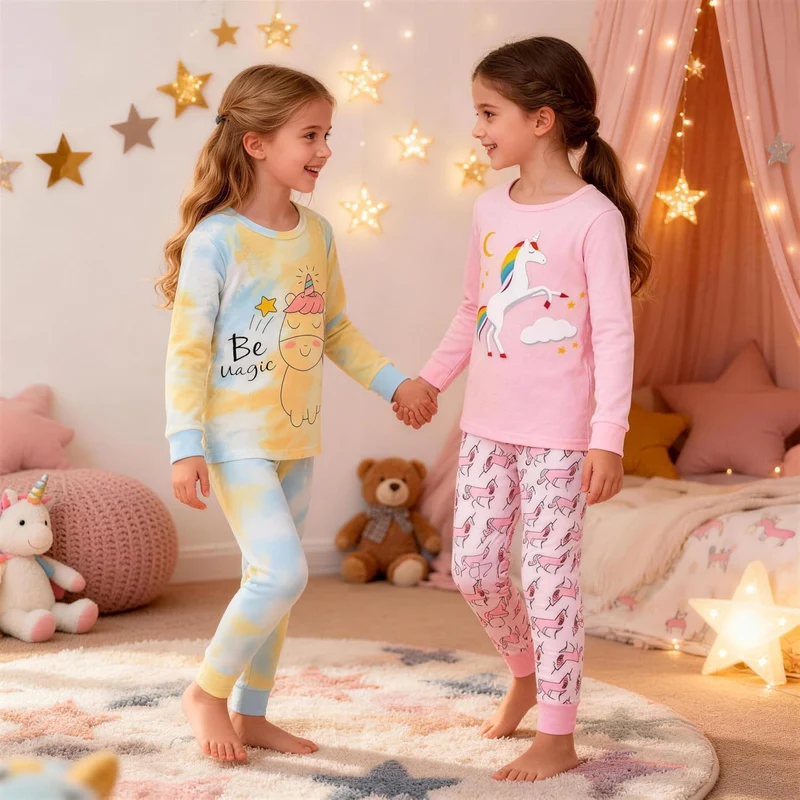 Mädchen Pyjamas 100% Baumwolle Schlafanzug für Kinder Schlafkleidung Langarm 4 Stück Set 1-12 Jahre,