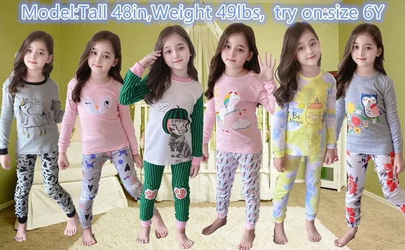 Mädchen Pyjamas 100% Baumwolle Schlafanzug für Kinder Schlafkleidung Langarm 4 Stück Set 1-12 Jahre,