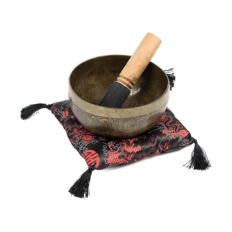 Handgefertigte tibetische Klangschale aus Indien inkl. Unterlage & Holzklöppel | Singing Bowl Ø 14 c