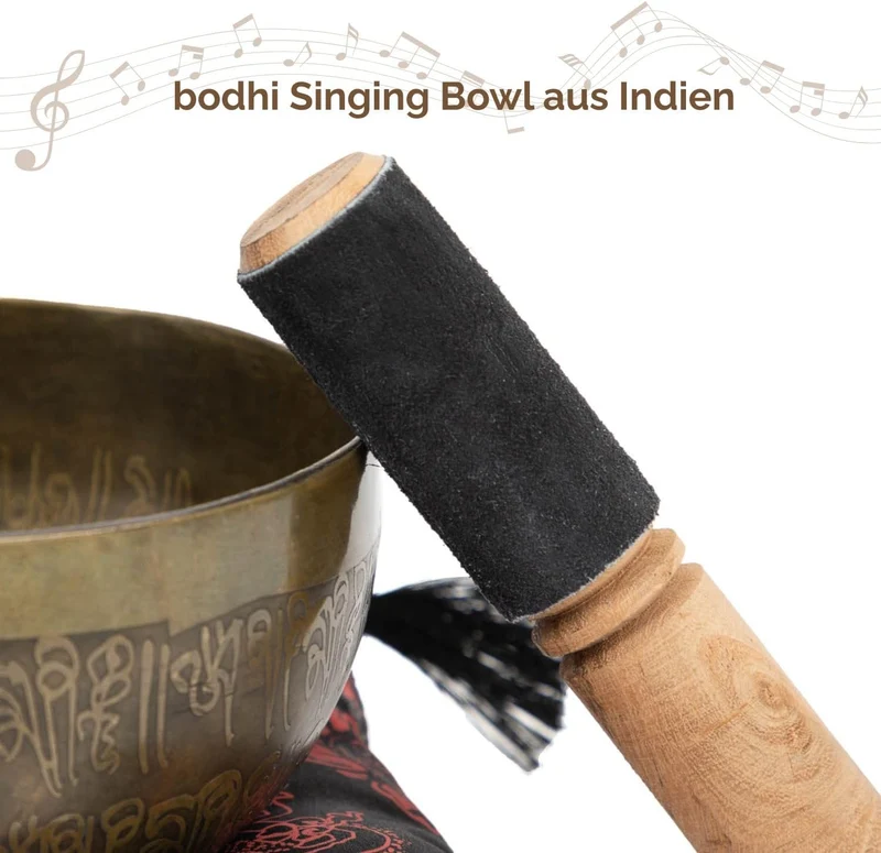 Handgefertigte tibetische Klangschale aus Indien inkl. Unterlage & Holzklöppel | Singing Bowl Ø 14 c