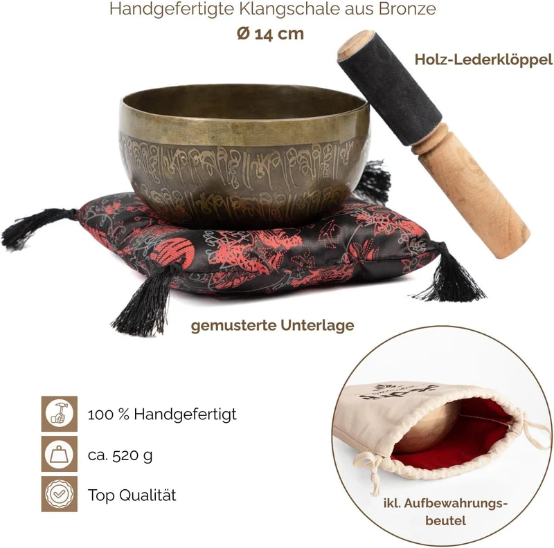 Handgefertigte tibetische Klangschale aus Indien inkl. Unterlage & Holzklöppel | Singing Bowl Ø 14 c