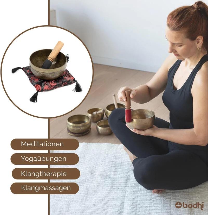 Handgefertigte tibetische Klangschale aus Indien inkl. Unterlage & Holzklöppel | Singing Bowl Ø 14 c