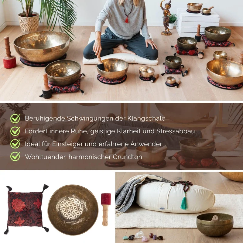Handgefertigte tibetische Klangschale aus Indien inkl. Unterlage & Holzklöppel | Singing Bowl Ø 14 c