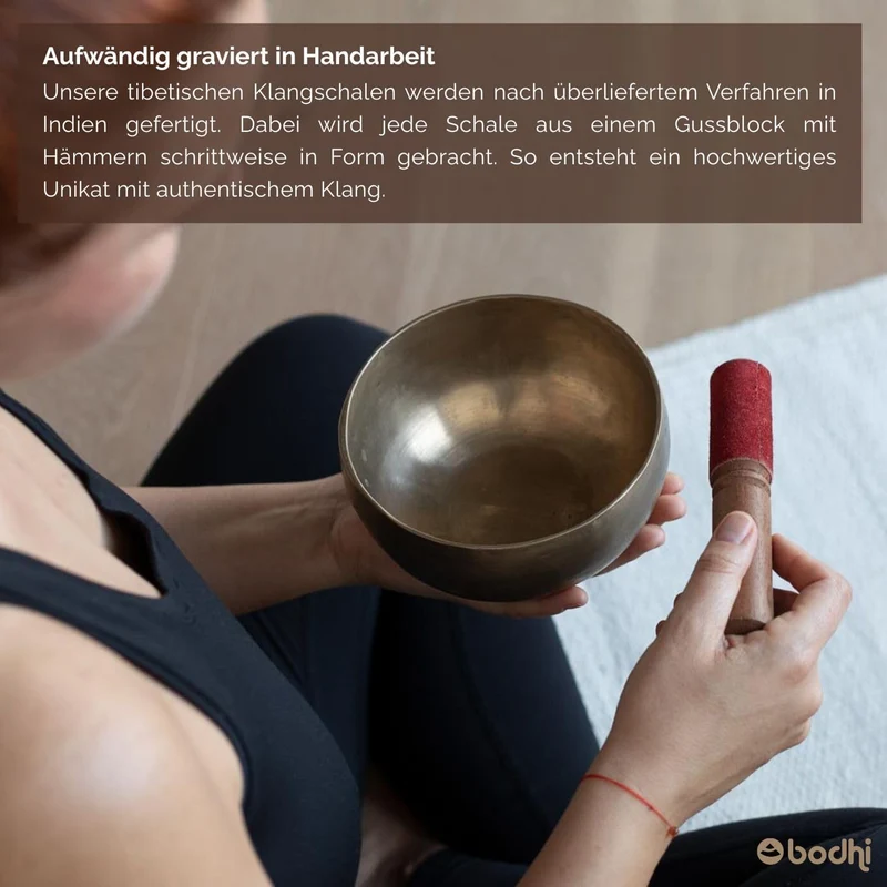 Handgefertigte tibetische Klangschale aus Indien inkl. Unterlage & Holzklöppel | Singing Bowl Ø 14 c