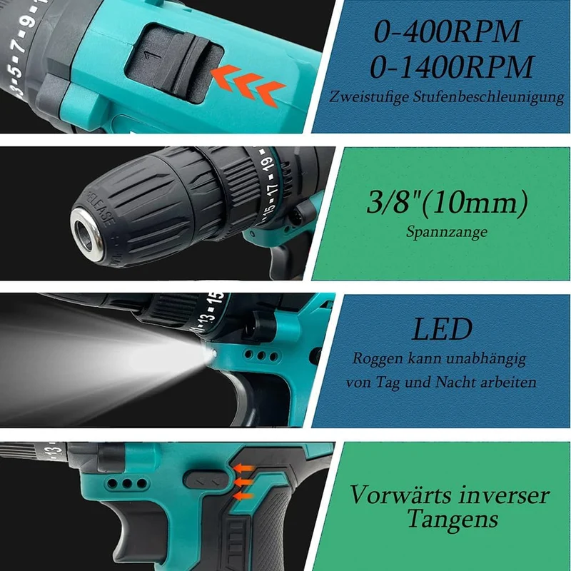 21V Akku Bohrschrauber Set,Ersatz für Makita 18V Akku, Akkuschrauber mit 2x 5.5AH Akku & Ladegerät,