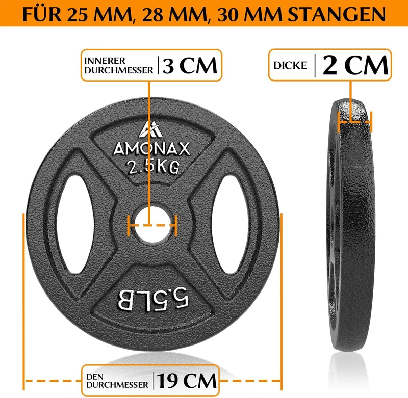 Amonax AMONAX Gusseisen Hantelscheiben Set, 2,5kg, 5kg, 10kg Hantel Set für 25mm & 50mm Olympia Gewi