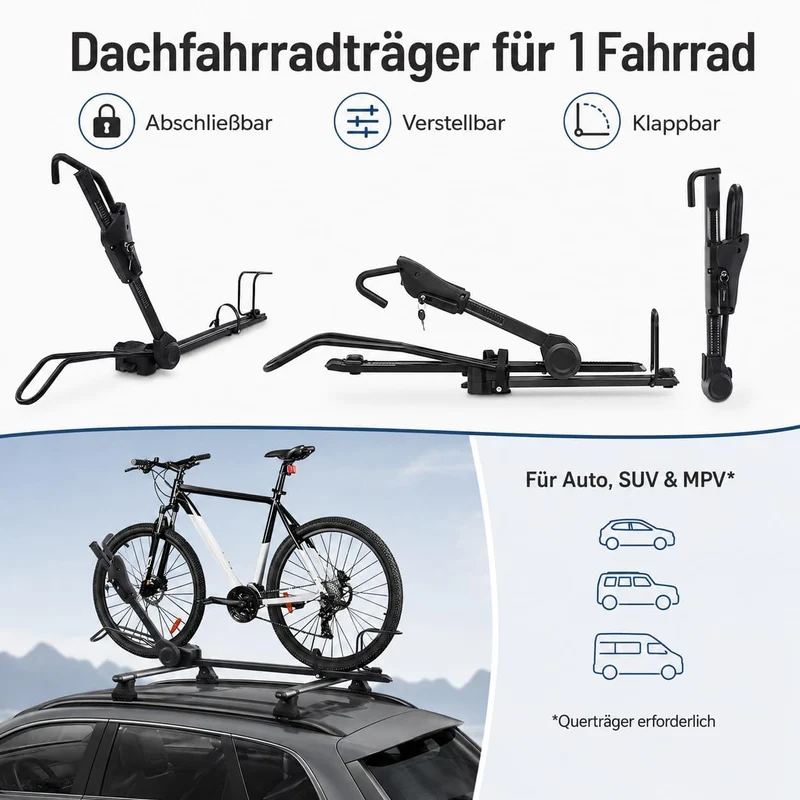 Fahrrad Dachträger E-Bike mit Diebstahlschutz für Auto SUV bis 38 Zoll