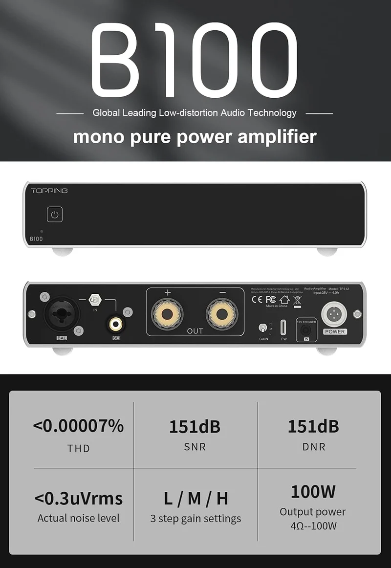 Topping B100 Reiner Mono-Leistungsverstärker - 100W Ausgangsleistung BAL/SE Eingang 3 Verstärkung 15