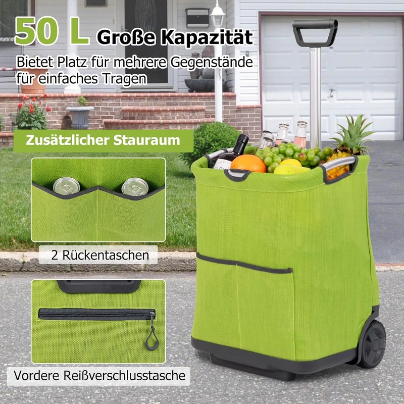 GOPLUS Einkaufstrolley klappbar, 50 L Einkaufswagen faltbar mit 2 Rädern und 3 Taschen, Einkaufsroll