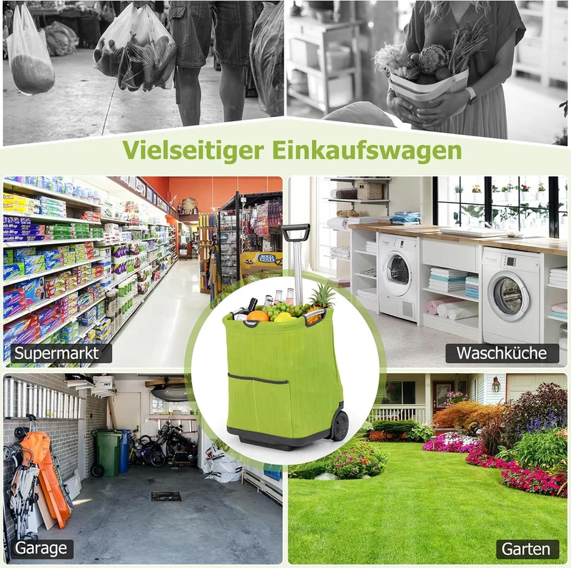 GOPLUS Einkaufstrolley klappbar, 50 L Einkaufswagen faltbar mit 2 Rädern und 3 Taschen, Einkaufsroll