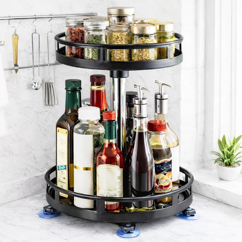 Drehteller Organizer, 2-Lagig, Schwarzer Kohlenstoffstahl | Drehbar, Gewürzregal, Für Gewürzgläser,