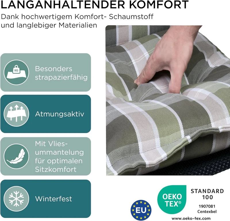 Gartenstuhlauflagen Niedriglehner, 1er Set, Grün kariert | Extra Dicke Sitzauflagen, Made in EU, Stu