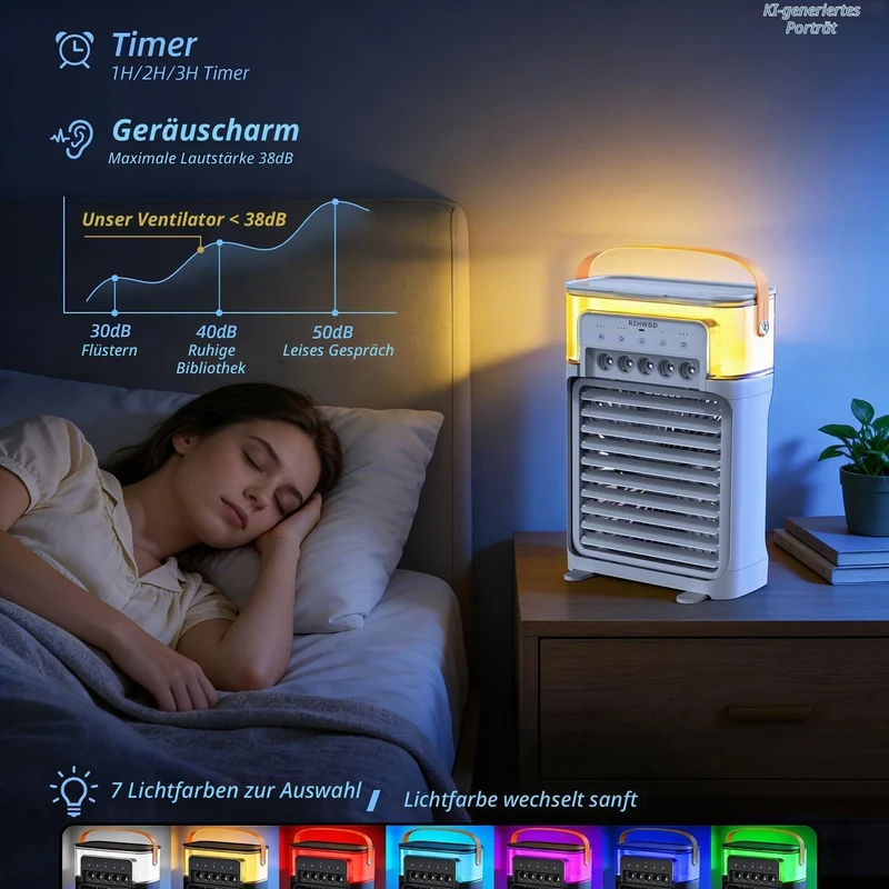 Mobile Luftkühler,7-Farben-Licht,Timer,Fernbedienung,für Zuhause/Büro/pers Weiss, Weiss