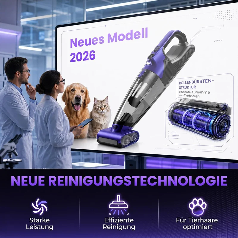 Tierhaar Handstaubsauger Akku 28000Pa mit Rotierende Bürstenrolle&LED Licht | Stark Autostaubsauger