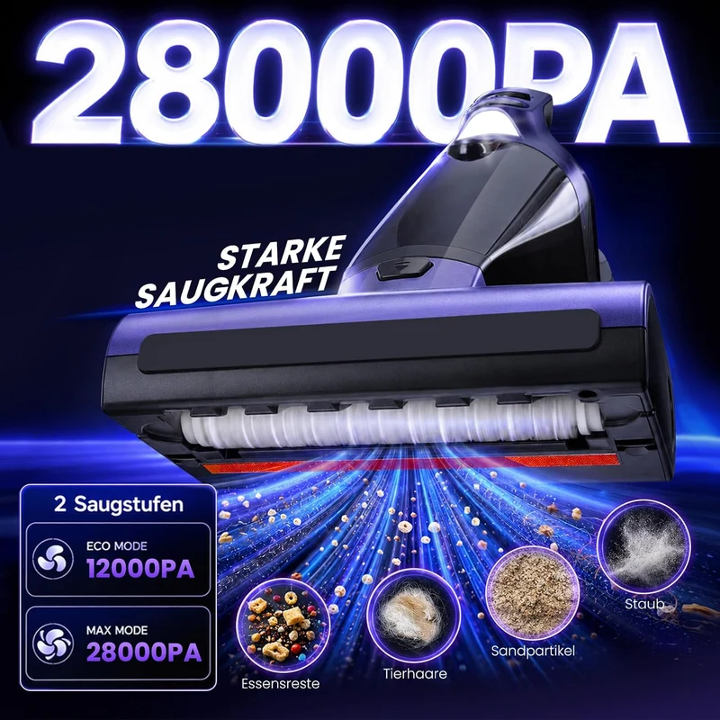 Tierhaar Handstaubsauger Akku 28000Pa mit Rotierende Bürstenrolle&LED Licht | Stark Autostaubsauger