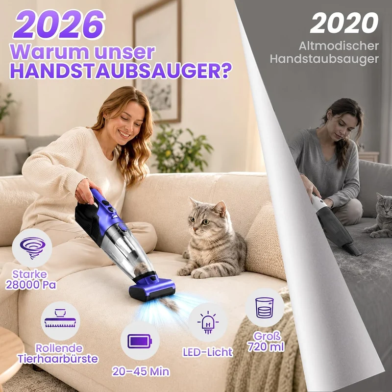 Tierhaar Handstaubsauger Akku 28000Pa mit Rotierende Bürstenrolle&LED Licht | Stark Autostaubsauger